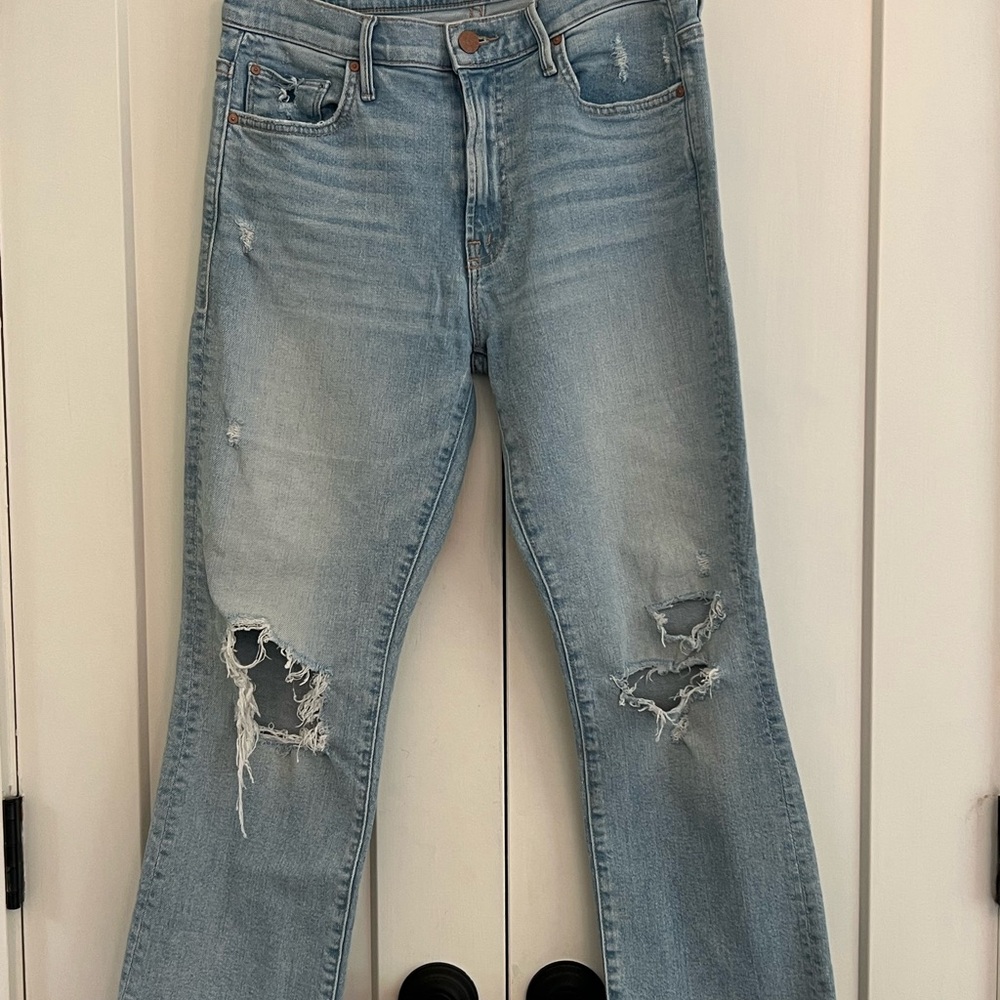 MOTHER Light Blue Distressed Wide Leg Jeans